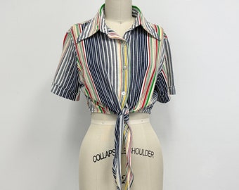 Vintage 70s Belly Shirt | Collared Tie Front Blouse | Vertical Stripe | Size Small to Medium