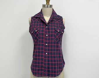 Vintage 60s Fitted Western Blouse | Plaid Sleeveless Snap Front Blouse | Size Small