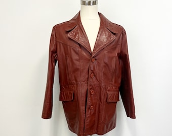 Vintage Mens Leather Jacket  | 1960s - 1970s Button Front with Oversized Lapels and Pockets | Cognac Colored Size XL