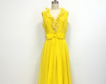 Vintage 60s Maxi Dress with Ruffled Neck | Yellow and White Polka Dot with Bow | Size Small