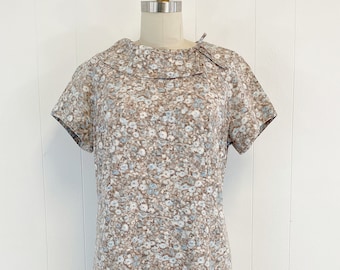 Vintage 60s Floral Shift Dress | Cute Short Sleeve Cotton Dress | Soft Watercolor Browns and Blues | Size Small