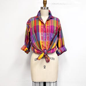 Vintage Plaid Blouse | 1980s Colorful Button Down Shirt | Womens Size Medium