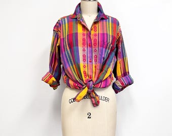 Vintage Plaid Blouse | 1980s Colorful Button Down Shirt | Womens Size Medium