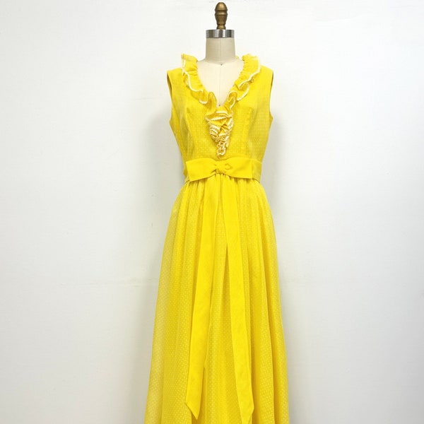 Vintage 60s Maxi Dress with Ruffled Neck | Yellow and White Polka Dot with Bow | Size Small