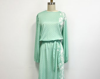 Vintage 70s Polka Dot Dress | Belted Mint Green and White | Size Medium