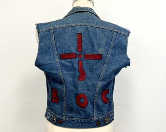 Vintage Denim Vest | 70s Hand Painted Blue Oyster Cult Jean Vest | Wrangler w Cut Off Sleeves | Size Medium