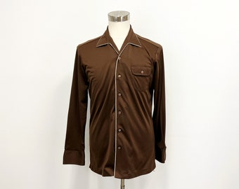 Vintage Mens Polyester Button Down Shirt | Collared in Solid Brown | Da Vinci Label | Size Large
