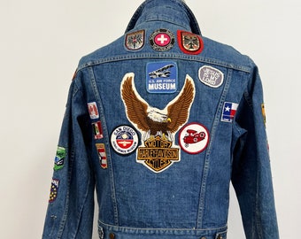 Vintage Denim Jacket with Harley Back Patch | 1970s Motorcycle Jacket  | Mens Size Large