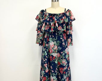 Vintage 1970s Floral Maxi Dress with Jacket | Pink Flowers on Navy Blue | Spaghetti Straps | Size Small