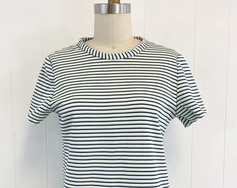 70s Striped Top | Lime Green and Navy Polyester Shell | Short Sleeved | Vintage Hand Made Size Small