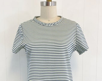 Gestreepte polyester top uit de jaren 70: vintage limoengroen en marineblauw, maat Small