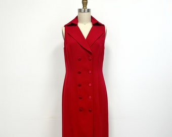 Vintage Double Breasted Dress |  80s Liz Claiborne Sleeveless Red Dress | Size 4