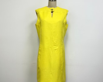 Vintage 60s Linen Shift Dress with Pockets | Sleeveless Yellow Dress | Size Medium