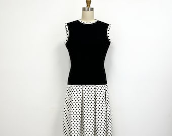 Vintage 60s Drop Waist Dress | Black and White Polka Dots with Pleated Skirt | Size Small