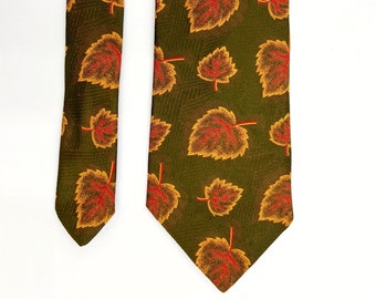 Vintage Johnny Carson Necktie with Autumn Leaves | Dark Green and Rust