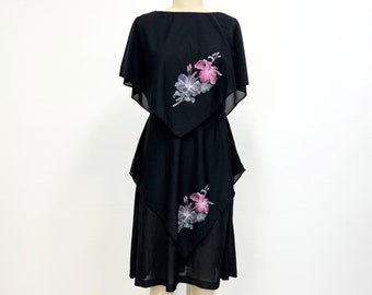 Vintage 70s Black Dress | Tiered Sleeveless with Orchids and Low Back | Size Large