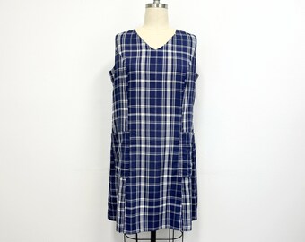 Vintage 60s Day Dress | Navy and White Plaid Sumer Shift with Pockets | Plus Size