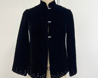 Vintage 1950s Black Velvet Quilted Jacket | Lee Jordan Jacket with Rhinestones | Size Small