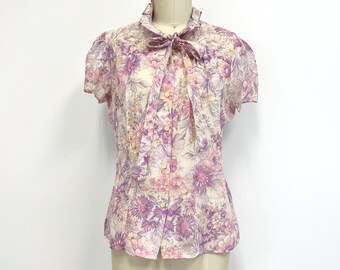 Vintage 1970s Semi Sheer Floral Blouse | Ruffle Collar | Elastic Tie Neck | Orchid and Pink | Size Small