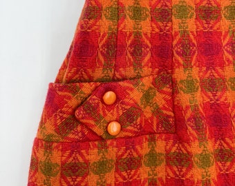 Vintage Plaid Pencil Skirt | 1960s Side Zip Orange and Hot Pink High Waist Skirt | Size Small