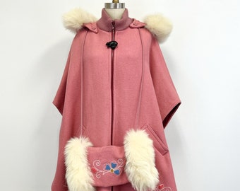 Vintage 70s Hooded Cape with Matching Muff | Hooded and Embroidered Wool with Fur Trim | Pink and White | Size Small