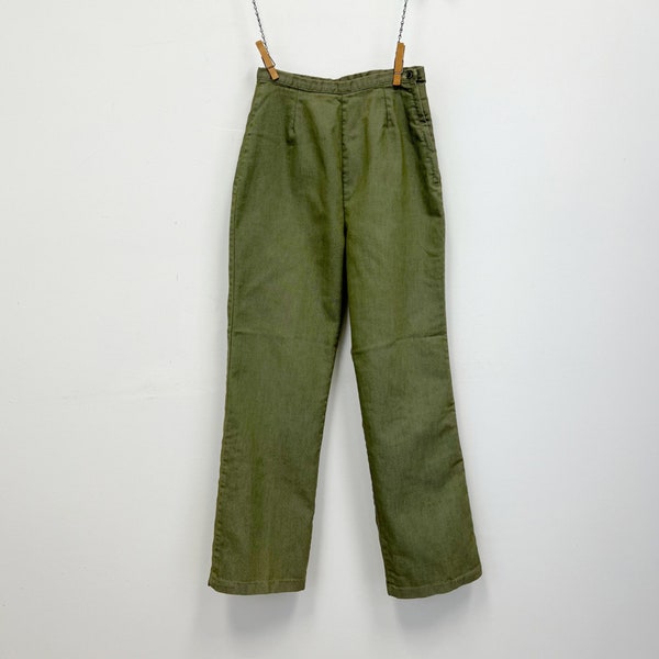 Vintage 1960s High Waisted Side Zip Pants | Olive Green Denim | Size Small to Medium