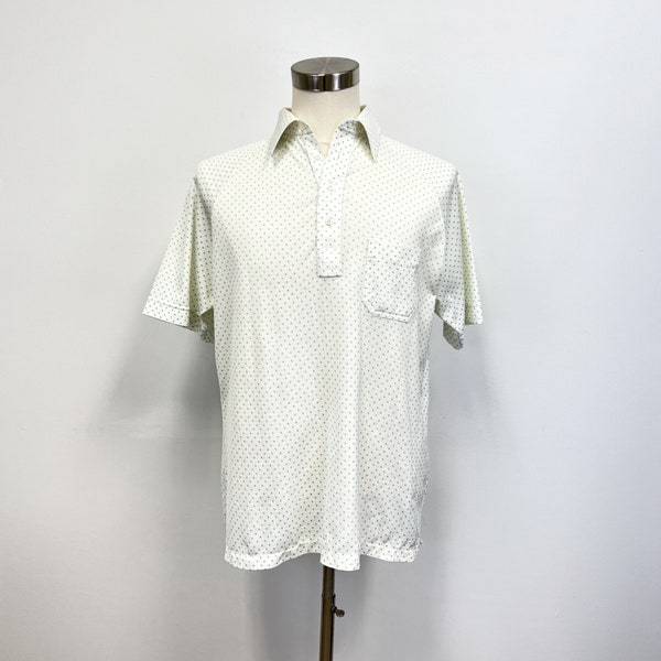 Vintage Men's Golf Shirt | 1970s Knit Polo Shirt | White with Mint Green Polka Dots | Size Large