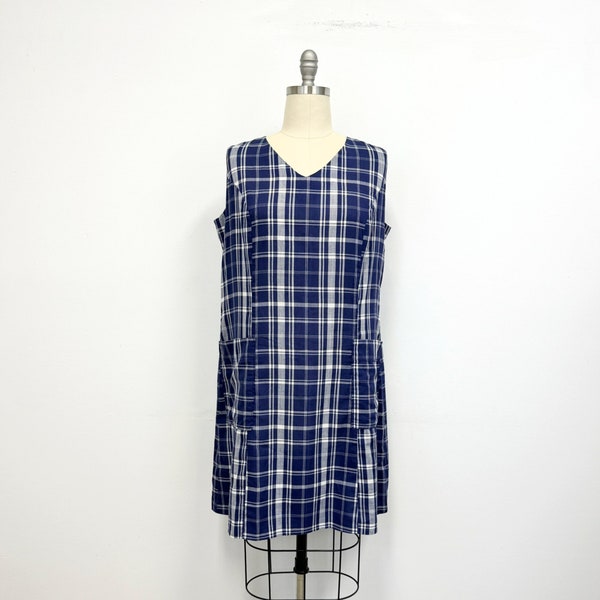 Vintage 60s Day Dress | Navy and White Plaid Sumer Shift with Pockets | Plus Size