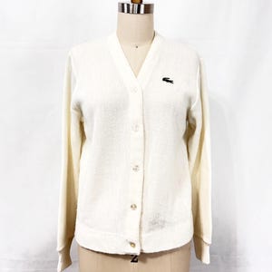 Vintage 60s Lacoste Cardigan Sweater | White V Neck with Little Green Alligator | Size Medium