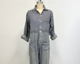 Antique Hickory Stripe Selvedge Denim Coveralls | 1910s - 1920s Hand Made Boiler Suit | Button Front