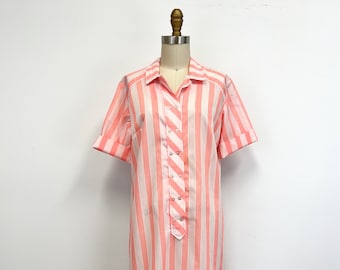 Vintage 1960s Housedress | Pink Vertical Stripe Short Sleeve Shift | Size Medium