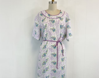 Vintage Floral Belted Day Dress | 1950s Short Sleeve Dimity Shift | Size Large