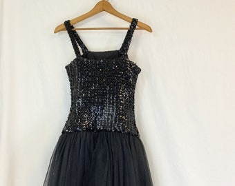 Vintage Sequin and Tulle Formal Dress | 1940's - 1950's Full Length Ball Gown | Little Black Dress | Size Extra Small