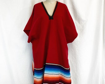 Vintage 70s Serape Poncho | Red with Multi Color Stripe Poncho | One Size Fits Most