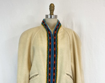 Vintage 80s Wool Jacket | Ecru Mondi Coat with Colorful Trim | Zip Front | Women's Size Medium