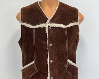 Vintage Suede and Sherpa Trucker Vest | 1970s Men's Brown Vest | Size Tall Medium