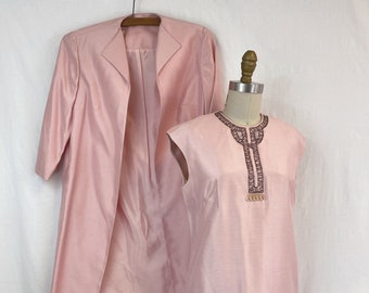 Vintage 1960s Dress with Jacket | Pink Silk Dupioni Beaded Shift Dress with Matching Duster or Top Coat | Samuel Grossman | Size 8