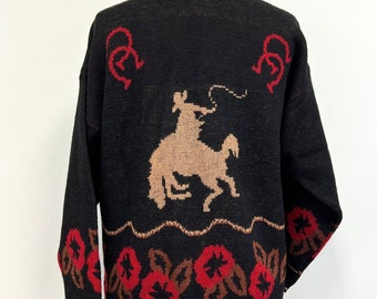 Vintage Pendleton Let 'er Buck Cardigan Sweater | 1980s Bucking Bronco and Horseshoes Wool Cardi | Womens Size Large