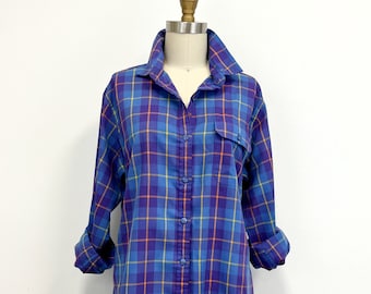 Vintage 80s Plaid Button Down Shirt | Purple and and Gold The Fox Collection Size 14