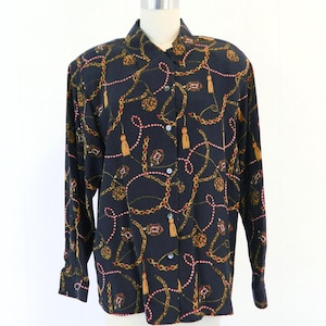 Vintage Silk Blouse | 80s Valerie Stevens Button-up Blouse |  Chains and Tassels Print | Size Small