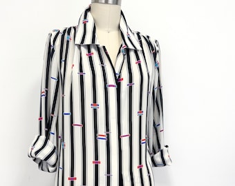Vintage 80s Striped Blouse with Shoulder Pads | Black and White | Size 8