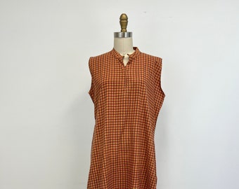 Vintage Sleeveless Kaftan Tunic with Pockets  | 1970s Cotton India Dress | Gold Red And Gray Plaid