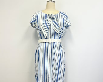 Vintage 1950s Wiggle Dress | Vertical Stripe in Shades of Blue and Metallic Silver | Short Sleeves | Side Zip | Size Medium