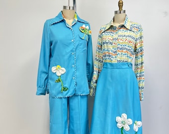 Vintage 1970s 4 Piece Suit | Matching Skirt Blouse Pants and Jacket | Appliqued Flowers and Rik Rak Trim | Size 10