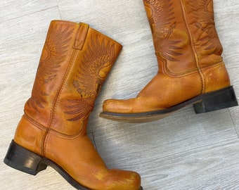 Vintage Leather Boots with Eagle and Shield | Acme Boot Company | Saddle Tan Motorcycle Boots | Mens Size 9