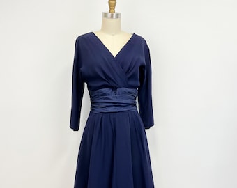 Vintage 1950s Cocktail Dress | Fit and Flare with Cummerbund Waist | Navy Blue | Size Small