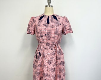 RESERVED \ LAYAWAY PMT 2 | Due April 12th... Vintage 1940s Wrap Dress | Novelty Print Day Dress in Pink Plaid and Navy Blue