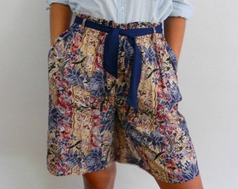 80's High Waisted Shorts | Vintage Paper Bag Waist Belted Shorts | Batik Print | Pockets | Size M to L
