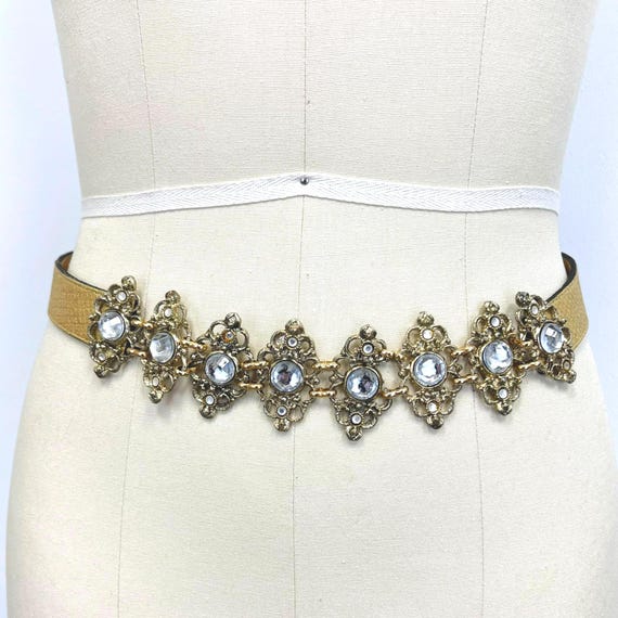 Vintage Leather Statement Belt | 80s Gold and Rhinestones 