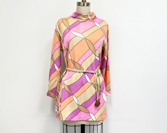 Vintage 60s Pucci Style Tunic Top | Raspberry and Tan | Size Small